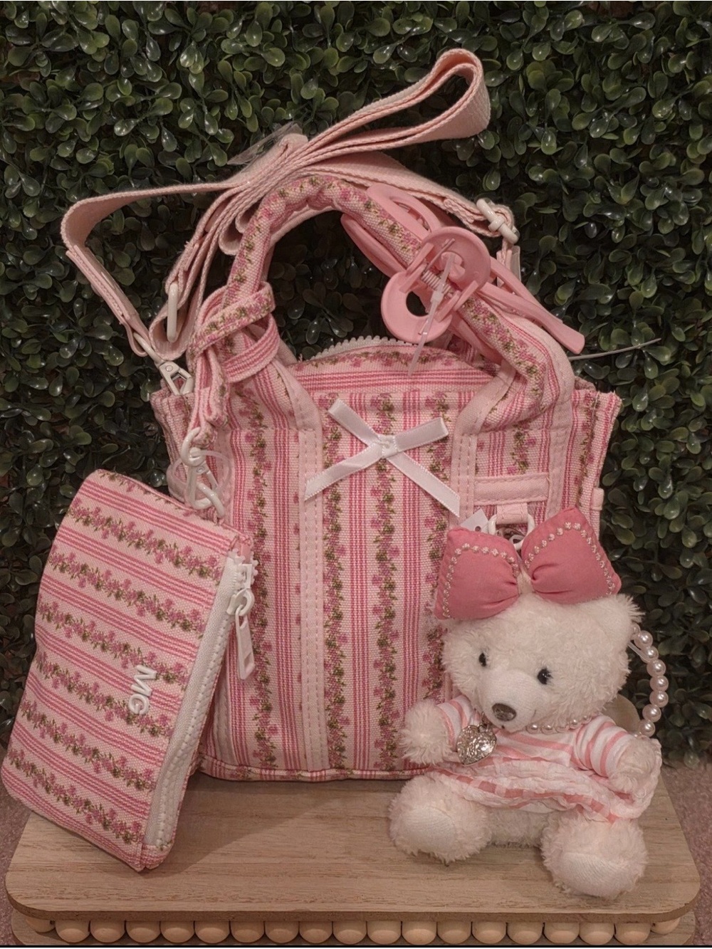 Madden Girl-PiNK-Love Shack Fancy-Wallpaper Floral Mini Tote Handbag-Bear Charm